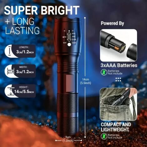 Lot de 2 lampes torches LED pour la survie - Lampe torche militaire - 1000 lumens - Fonction zoom - Éclairage d'urgence - Idéale pour les trousses de premiers secours (1/5)