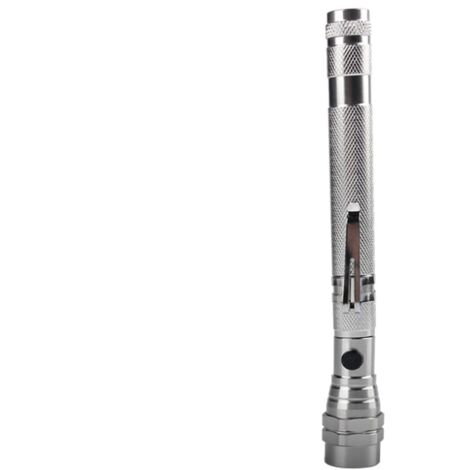 Lampe torche LED télescopique portable à enrouleur élastique rétractable avec tête magnétique et outil de ramassage intégré batterie incluse argent
