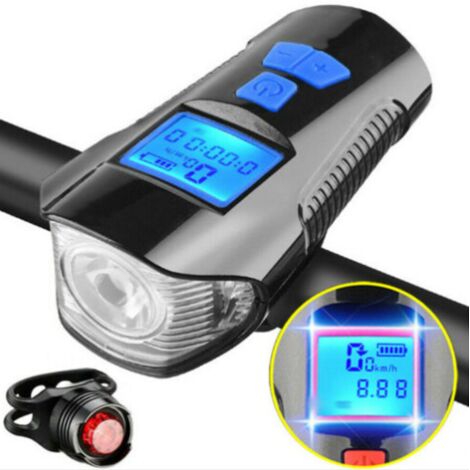 Éclairage de vélo de nuit, lampe torche de cyclisme, phare haute puissance, étanche, rechargeable par USB, avec klaxon et compteur de vitesse