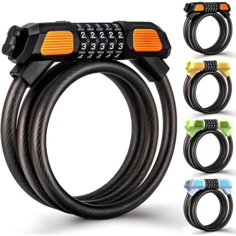 Antivol de vélo, câble antivol haute sécurité pour vélos, 120 cm/12 mm, étanche et réglable, chaîne à combinaison 5 positions, convient aux vélos, motos et portières de voiture, jaune (1/5)