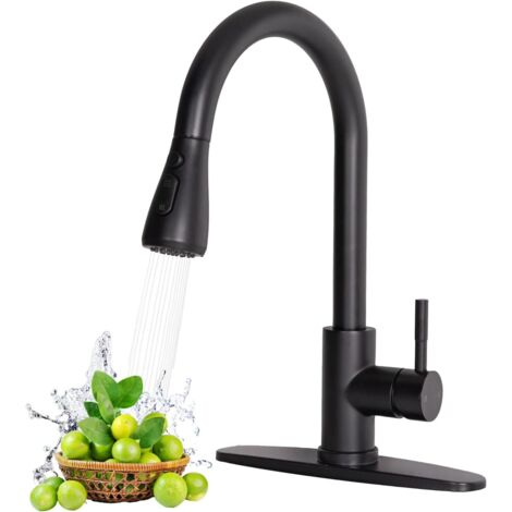 Robinet de cuisine noir, robinet de cuisine monocommande noir mat avec douchette extractible, construction en acier inoxydable, convient aux éviers à 1 ou 3 trous, facile à installer, convient aux fer (1/2)