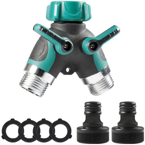 Robinet de jardin à 2 voies - Répartiteur de tuyau avec 2 vannes indépendantes, raccord 3/4", débit réglable, adaptateur pour arrosage extérieur (1/5)