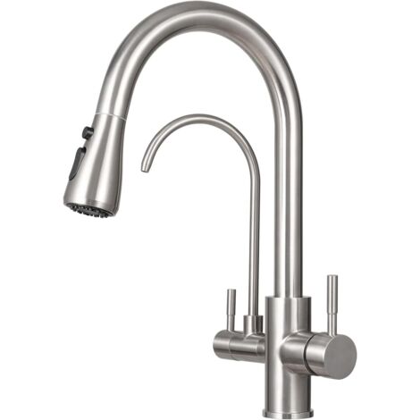 Douchette extractible, robinet de cuisine à double poignée en acier inoxydable (1/5)
