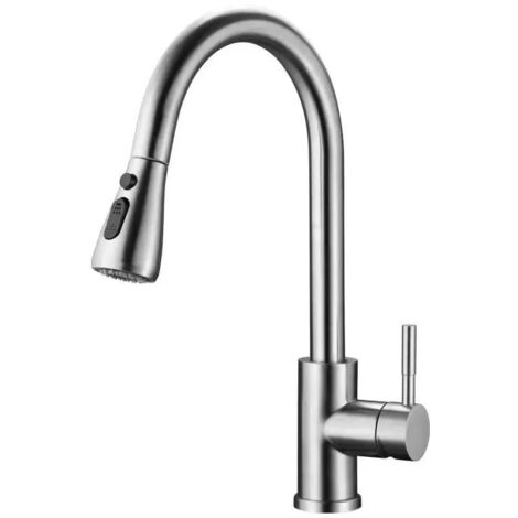 Robinet de cuisine, robinet de cuisine extractible, rotation à 360°, mitigeur en acier inoxydable avec douchette, robinet de cuisine haute pression à trois modes, argent. (1/5)