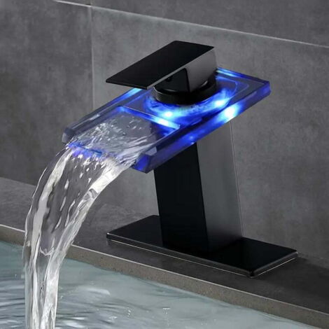Robinet de lavabo noir avec LED, mitigeur monocommande à trois trous avec couvercle. (1/4)