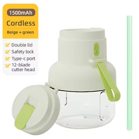 Gobelet presse-agrumes portable rechargeable avec paille, chargement USB, lames en acier inoxydable à 12 composants, pour des jus frais à tout moment et n'importe où - vert clair (1/3)