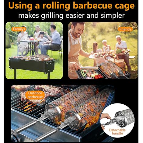 Ensemble de deux paniers à barbecue roulants, accessoires de barbecue, panier cylindrique détachable avec poignée amovible, adapté aux barbecues en extérieur et à la cuisson des légumes au gril. (1/4)
