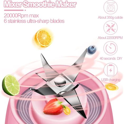Mini-blender portable de 380 ml, rechargeable par USB, idéal pour préparer smoothies, jus et glaces. Parfait pour les voyages et le sport. - Rose (1/5)