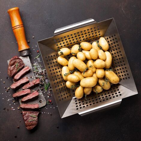 Plateau de barbecue 29,5 x 29,5 x 5,5 cm, 100 % acier inoxydable - Accessoire pour barbecue électrique, idéal pour griller les légumes - Compatible avec tous types de barbecues - Lavable au lave-vaiss