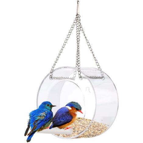 Mangeoire à oiseaux transparente avec ventouse, chaîne et poteau nichoir rond transparent d'extérieur pour une observation rapprochée facile des oiseaux sauvages. (1/4)