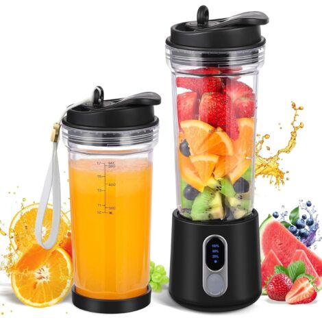 Blender/machine à smoothies portable, 500 ml, avec 4 lames en acier inoxydable pour broyer la glace et les fruits, mini blender rechargeable par USB avec paille, couvercle de voyage et brosse, noir. (1/5)