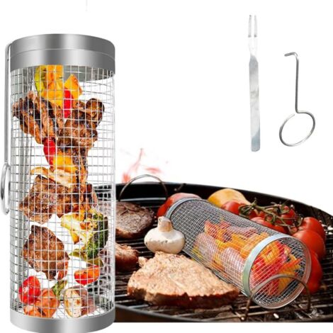 Un panier à barbecue roulant en acier inoxydable avec accessoires, idéal pour le camping et les barbecues en plein air de légumes, frites, viande, poisson, crevettes, etc. (1/5)