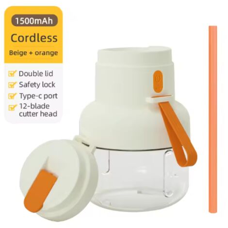 Gobelet presse-agrumes portable rechargeable avec paille, chargement USB, lames en acier inoxydable à 12 composants, pour des jus frais à tout moment et n'importe où - Orange (1/3)