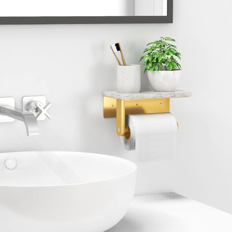 Porte-papier toilette en métal doré brossé avec étagère en marbre naturel, fixation murale par vis en acier inoxydable 304, distributeur de papier toilette pour salle de bain.