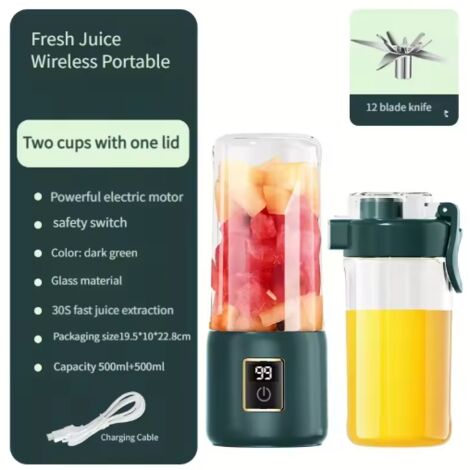 Mini presse-agrumes électrique portable multifonctionnel 500 ml, rechargeable par USB, pour fruits et légumes - Vert olive (1/2)