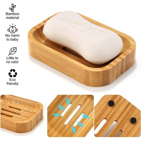 Deux porte-savons en bois naturel et bambou, adaptés au rangement des éponges de salle de bain et de cuisine. (1/4)