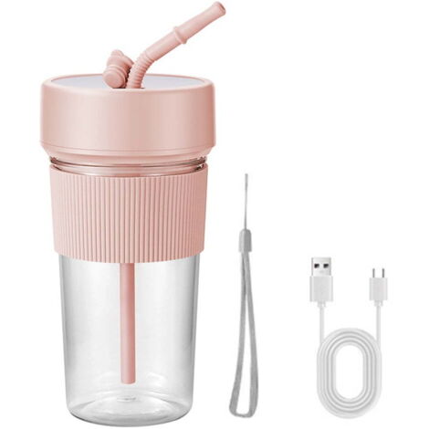 Petit extracteur de jus électrique portable avec paille, mixeur à fruits rechargeable, petit extracteur de jus intérieur/extérieur (rose) (1/4)