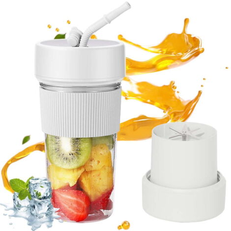 Petit extracteur de jus électrique portable avec paille, mixeur à fruits rechargeable, petit extracteur de jus intérieur/extérieur (blanc) (1/4)