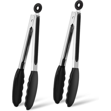 Pinces de cuisine, lot de 2, en acier inoxydable et silicone, avec poignées antidérapantes et propriétés résistantes à la chaleur, adaptées aux grilles de cuisson, aux friteuses à air chaud et aux pla (1/5)