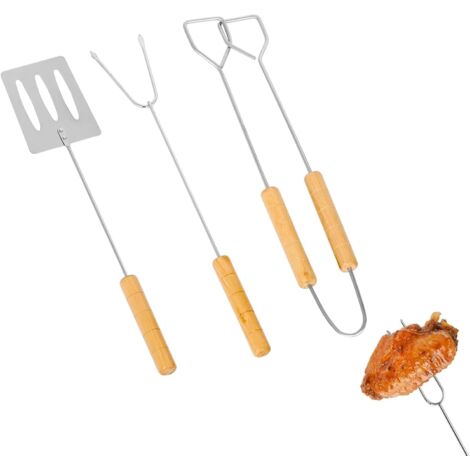Ensemble de 3 ustensiles de barbecue en acier inoxydable avec manches en bois : pince, fourchette et accessoires. Idéal pour l'été. (1/5)