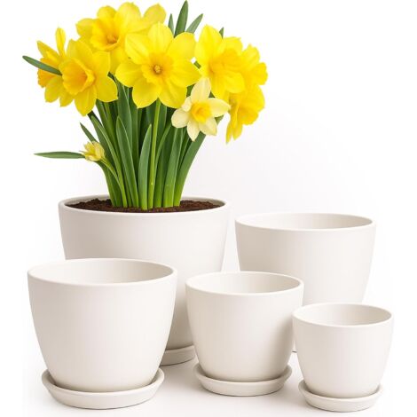 Pots de jardin d'intérieur avec drainage - Pots de 7/6,6/6/5,3/4,8 pouces, adaptés à la plantation en intérieur - Lot de 5 pots en plastique blanc - parfaits pour les cadeaux de Noël ou la décoration (1/5)