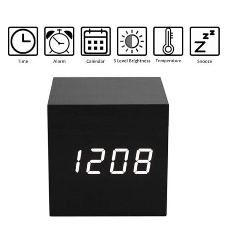 Réveil en bois – Mini réveil cube numérique LED avec affichage de l'heure, de la date et de la température, 3 niveaux de luminosité et commande vocale. Idéal pour la maison, le bureau et les voyages. (1/3)