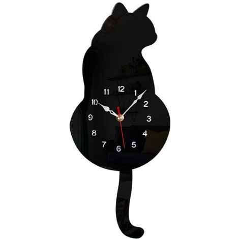 Horloge murale à motif chat noir avec pendule, mouvement à quartz silencieux, design moderne, 42 x 18 cm (1/5)