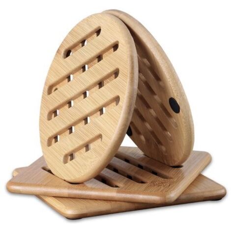 Dessous de verre en bambou naturel, un ensemble de 4 tapis isolants thermiques antidérapants, adaptés aux plats chauds, casseroles et poêles, grands tapis isolants thermiques carrés et ronds (15 cm). (1/2)