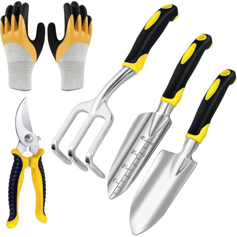 Un ensemble de 5 outils de jardinage en fonte d'aluminium - kit d'outils de jardinage comprenant une truelle, une truelle et un râteau pour la plantation au jardin. (1/5)