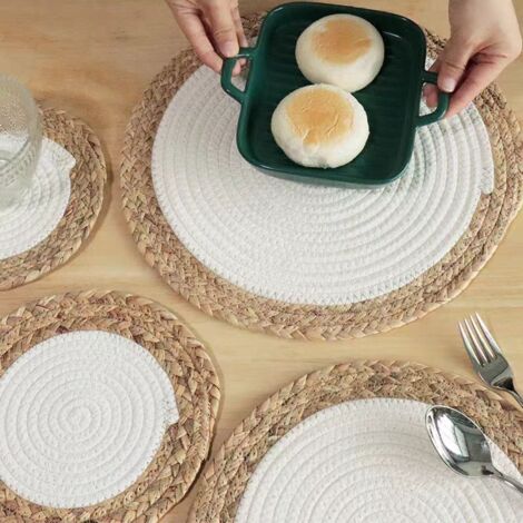 Set de table patchwork en fibres naturelles aux tons chauds, avec isolation thermique en corde de coton, dessous de plat/sous-plat décoratif style forêt, 35 cm x 35 cm (1/4)