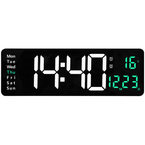 Horloge murale, design minimaliste, thermomètre/hygromètre, avec affichage du jour de la semaine, affichage LED, forme carrée, compte à rebours, fonctionne uniquement sur secteur. (1/4)