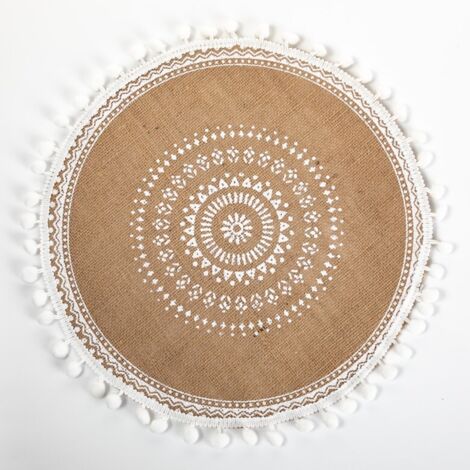 Ensemble de cinq sets de table en jute tissés à pompons, décorations de table écologiques, sets de table rétro isolants thermiques, 38 cm x 38 cm (1/4)