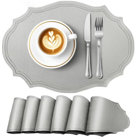 Sets de table, ensemble de 6 pièces, forme ovale, antidérapants, imperméables, résistants à la chaleur, adaptés à une utilisation intérieure et extérieure, 43 x 30 cm, gris.