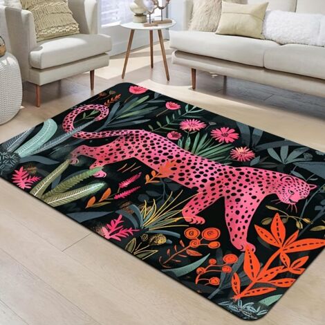 Tapis de sol rose jungle à imprimé léopard éclatant - 8 mm d'épaisseur, en polyester lavable en machine, idéal pour le salon, la chambre, la cuisine et l'entrée. Tapis de salon. (1/5)
