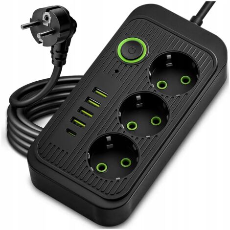 Multiprise à trois prises avec câble de 2 mètres et 5 ports USB (4 ports USB + 1 port PD) – Prise multifonction, noire