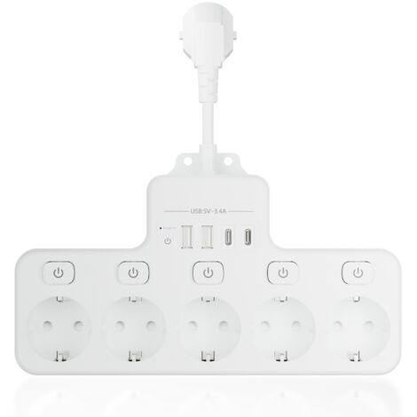 Multiprise, cordon court, 5 prises, multiprise USB Type-C, prise multifonction, rallonge, avec interrupteur, USB, prise de courant, convient pour la maison et le bureau, 1 pièce, blanc. (1/5)