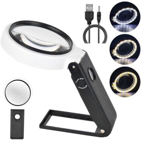 Loupes avec éclairage et supports, loupes portatives 10x/25x avec éclairage, grandes loupes sur pied équipées de 33 LED, adaptées à l'observation rapprochée des collections de pièces et de timbres. (1/5)