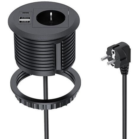 Prise encastrée avec port USB-C PD20W et deux ports USB. Cette prise de bureau noire s'installe dans un trou de 80 mm pour une utilisation et une recharge pratiques. (1/4)