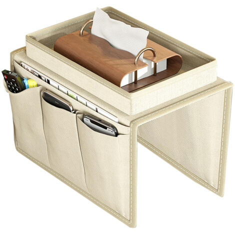 Organisateur d'accoudoir de canapé avec porte-gobelet et compartiment de rangement pour fauteuil et canapé - Blanc riz (1/4)