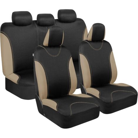 Housses de sièges auto beiges, ensemble complet, housses de sièges avant bicolores, housses de sièges arrière assorties, protections de sièges auto élégantes, conception de banquette fractionnable. (1/5)