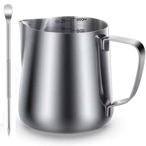 Mousseur à lait portatif en acier inoxydable de 600 ml avec graduations et stylo pour latte art. (1/3)