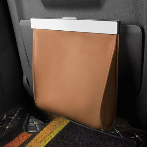 Poubelle de voiture intérieure en cuir PU, mini poubelle magnétique et rangement pliable, comprend 12 sacs, installation facile sur le siège, accessoires pour SUV, camion et voiture (marron clair). (1/5)