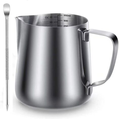 Mousseur à lait portatif en acier inoxydable de 350 ml avec graduations et stylo pour latte art. (1/3)
