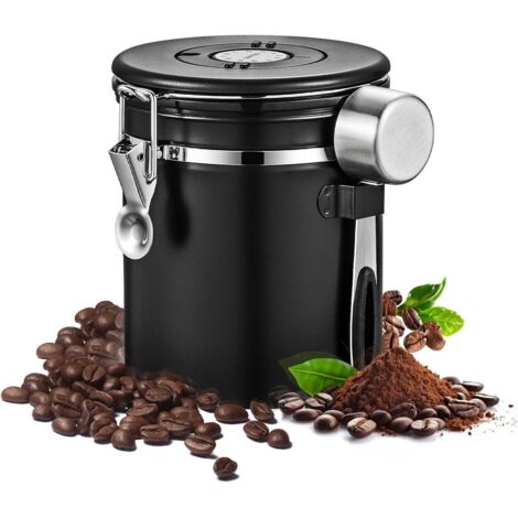 Bocal à café hermétique en acier inoxydable de 1500 ml - Récipient de conservation - Boîte à grains de café - Matériau : acier inoxydable - Cuillère doseuse noire - Boîte à grains de café avec indicat (1/3)