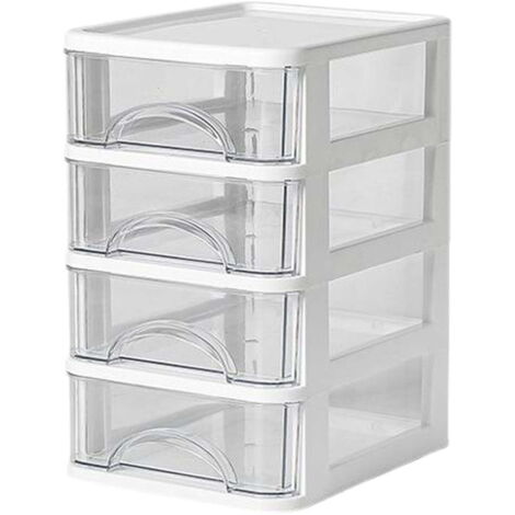 Boîte de rangement de cuisine en plastique transparent blanc, empilable et à quatre compartiments, avec tiroirs, idéale pour ranger le café, le thé, le sucre et la crème à café sur le plan de travail. (1/4)
