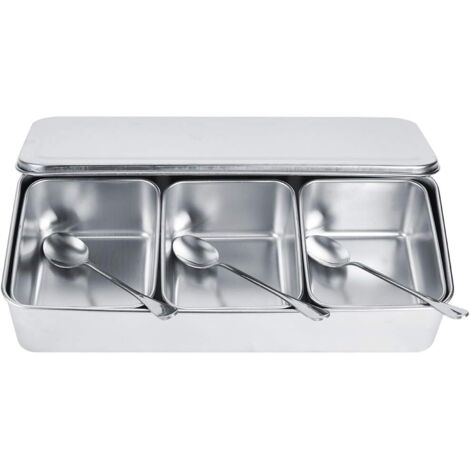 Ensemble de récipients à épices en acier inoxydable, comprenant un pot, une cuillère et un couvercle, récipient à épices ménager à trois compartiments, adapté à la cuisine et à la salle à manger. (1/5)