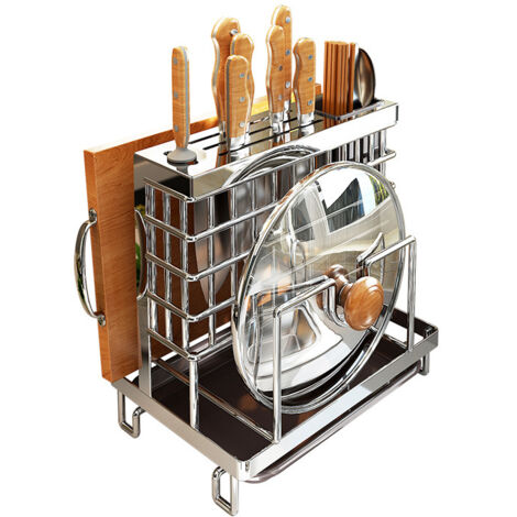 Support pour couvercles de casseroles avec tapis antidérapant, adapté à une utilisation sur le plan de travail et permettant un gain de place (argenté). (1/2)