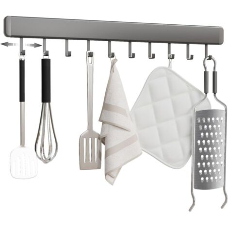 Porte-ustensiles de cuisine auto-adhésif avec 10 crochets mobiles, étagère murale de 50 cm, barre de cuisine, support suspendu pour ustensiles de cuisine en aluminium, gris.