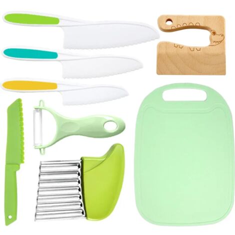 Ce set de 8 couteaux sans danger pour les enfants est fabriqué en plastique et en acier inoxydable et convient aux enfants. (1/4)