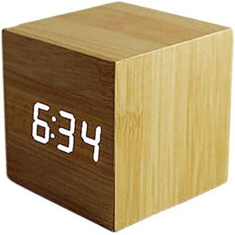 Réveil numérique intelligent à capteur, mini-réveil en bois avec lumière LED affichant l'heure, la date, la température et les informations de voyage (jaune). (1/5)